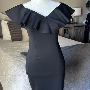 Guess Black Off-Shoulder Ruffle Midi Dress